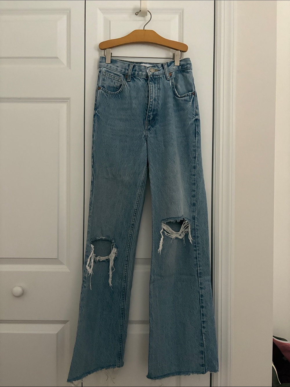 Zara Light Blue Distressed Wide-Leg Jeans